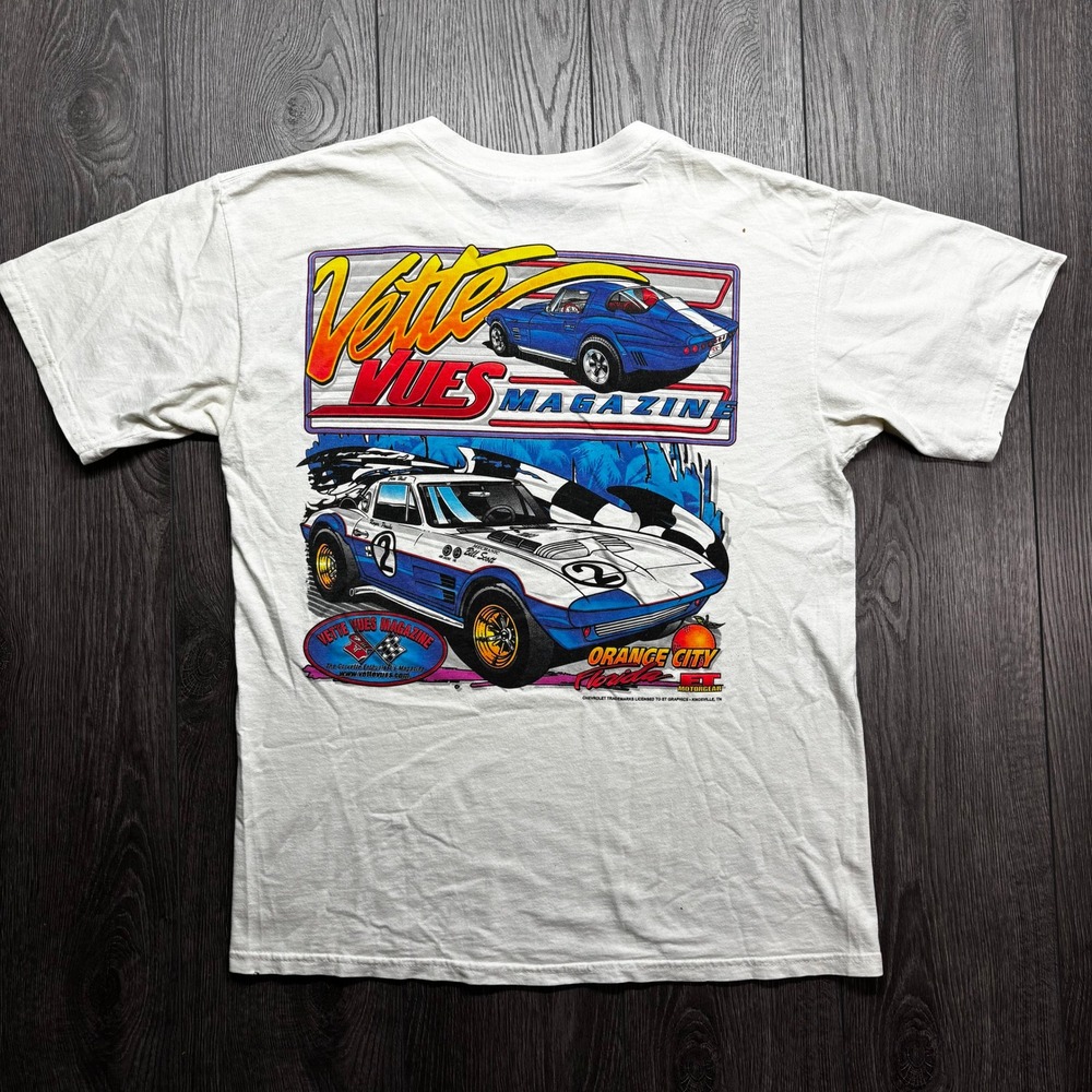 Vintage Vette Vues Magazine Corvette T-Shirt Mens Large White Racing Graphic Tee